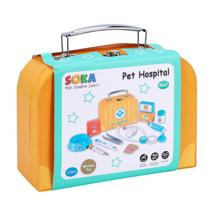 SOKA Wooden Pet Hospital Pretend Playset Vet Doctor Toy Kit Carry Case Kids 3+