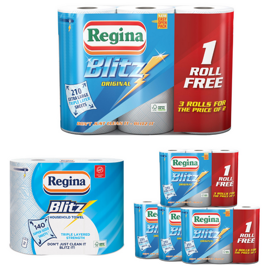 Multi Rolls Of Regina Blitz 3 Ply Kitchen Roll Paper Towels  - 70 Sheets Per Roll