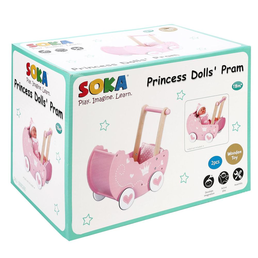 SOKA Wooden Push Along Pink Princess Doll Pram for Boys and Girls