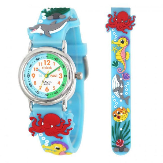 Ravel Children Girls 3D Cartoon Time Teacher Watch Blue Sea Life R1513.98