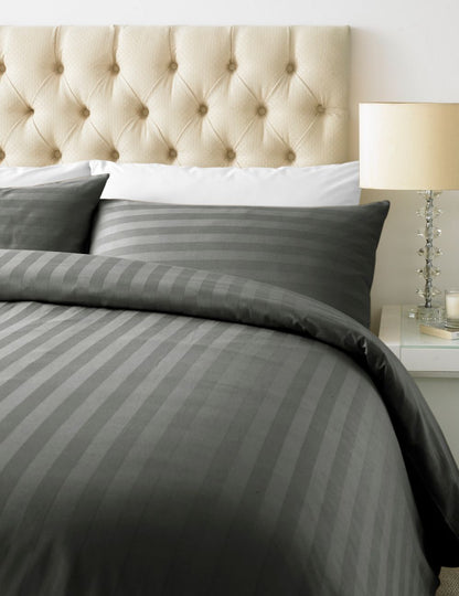 800 TC - Cotton Rich Satin Stripe Duvet Cover Set Steel Grey