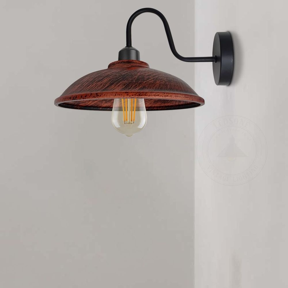 Rustic Red Wall Light Fixture, Vintage Black Wall Sconce E27 Base Socket Screw Wall Swan Neck Hemisphere Shape Shade