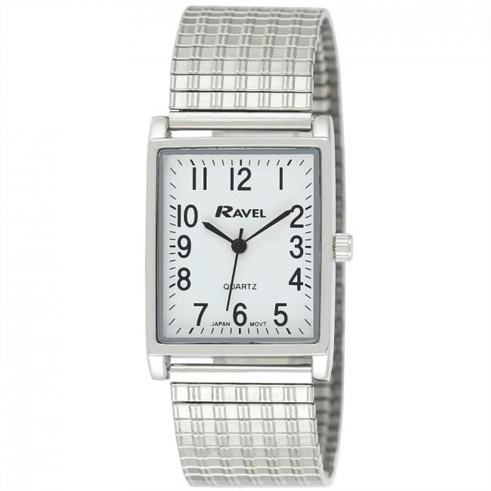 Ravel Mens Basic Classic Rectangular Silver Expander Bracelet Watch R0220.02.1