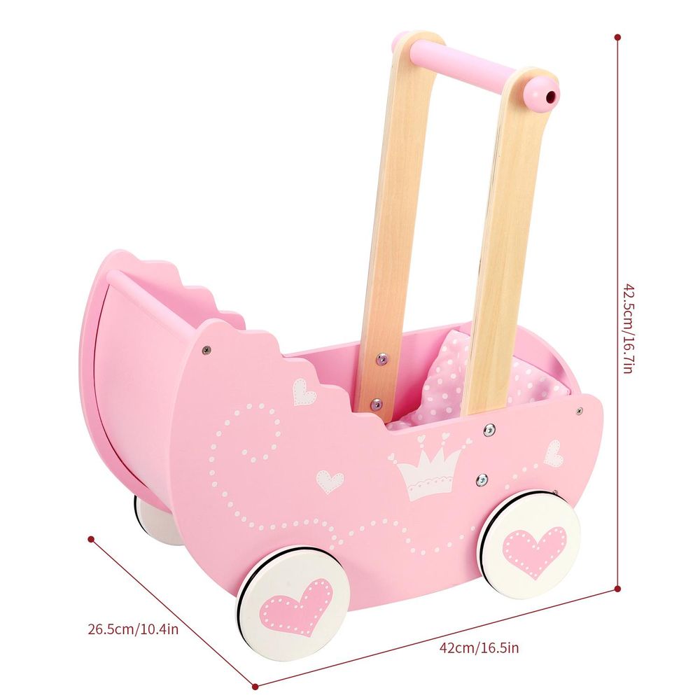 SOKA Wooden Push Along Pink Princess Doll Pram for Boys and Girls