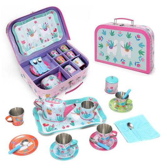 SOKA 18 Pcs Llama Metal Tin Kids Teapot Tea Party Set Carry Case Toy Pretend Role Play ‎3 years and up