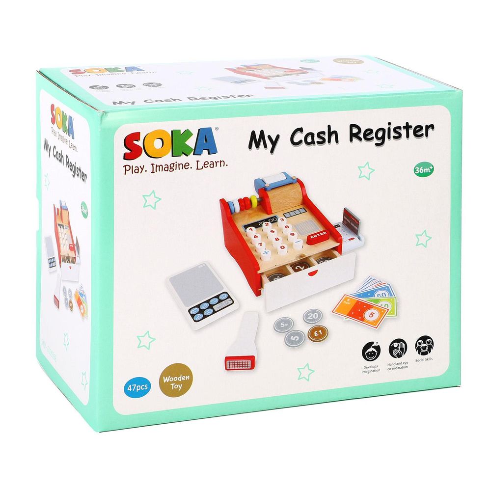 SOKA Wooden Cash Register Children’s Shop Grocery Checkout Till Toy