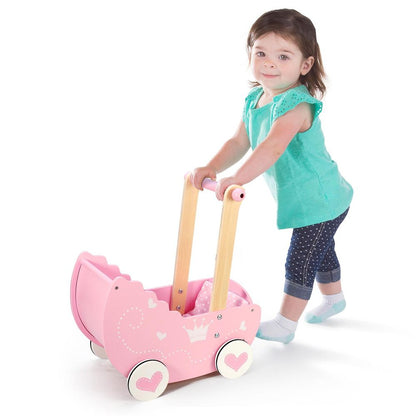 SOKA Wooden Push Along Pink Princess Doll Pram for Boys and Girls