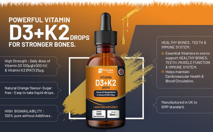 Vitamin D3 4000iu + K2 MK7 25µg Orange Liquid Drops I High Strength 30ml Bottle