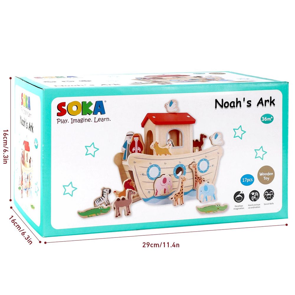 SOKA Wooden Noah's Ark Animal Boat Shape & Blocks Sorter Puzzle Activity Toy 3+