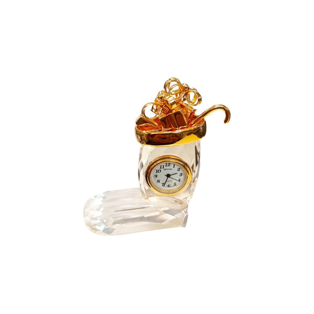 Miniature Clock Crystal Glass Christmas Stocking Gold Plated Metal Solid Brass IMP516 - CLEARANCE NEEDS RE-BATTERY